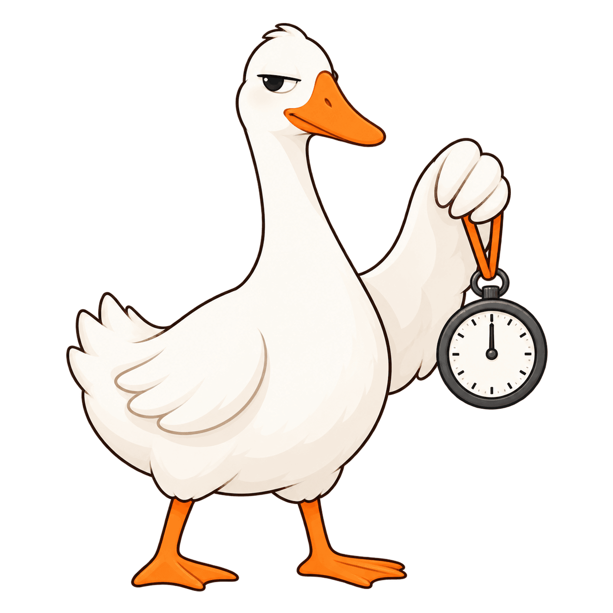 Come To goose holding a stopwatch